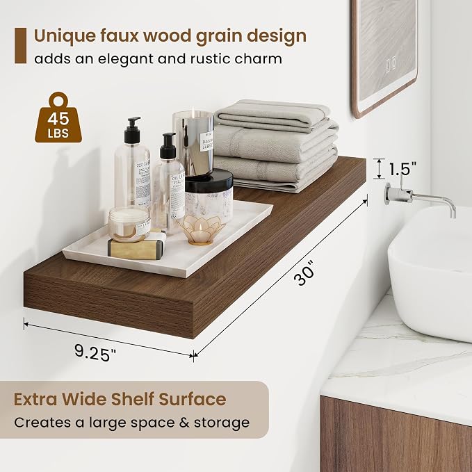 Marsmiles 9.25in Depth 30in Floating Shelves, 30x9.25x1.4, Walnut, Set of 2 | Wall Mounted Engineered Wood Shelves, Invisible Brackets for Living Room, Bedroom, Bathroom, Kitchen Decor and Storage