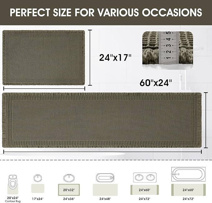 Upgraded Waffle Bath Mat Set 2 Piece Greyish Green-Bordered, Super Absorbent Non-Slip Quick Dry Bathroom Rugs with Tassels, Machine Washable Ultra Soft Boho Bath Rugs, Toilet Mats Boho Farmhouse Decor