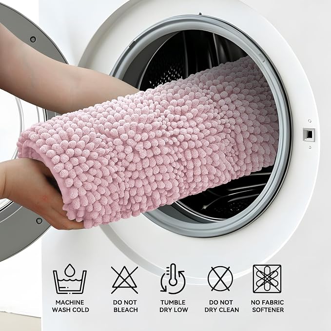 Bcoimo Bath Rug Mat,30x20 Chenille Non Slip Pink Bathroom Floor Shower Mats | Extra Soft Bathroom Rugs;Non Slip with Rubber Backing Bath Mats;High Absorbent And Quick Dry Microfiber mat; Machine Washable