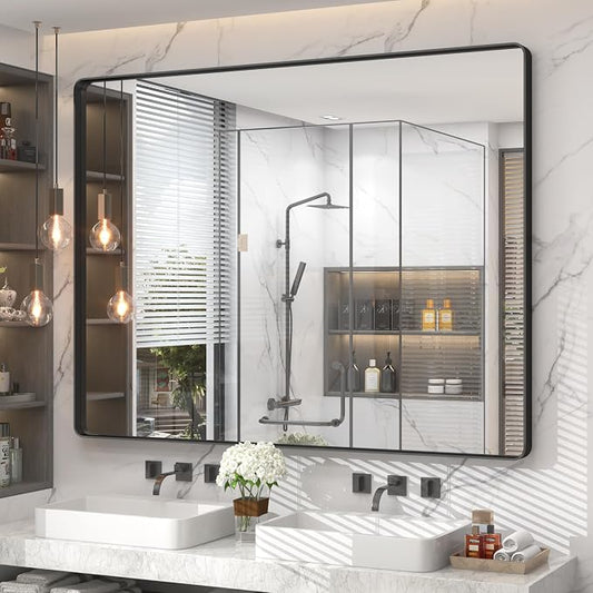 50x40 Inch Black Metal Framed Bathroom Mirror for Wall | Black Matte Bathroom Vanity Mirror, Rounded Rectangle, Anti-Rust, Tempered Glass, Hangs Horizontally or Vertically