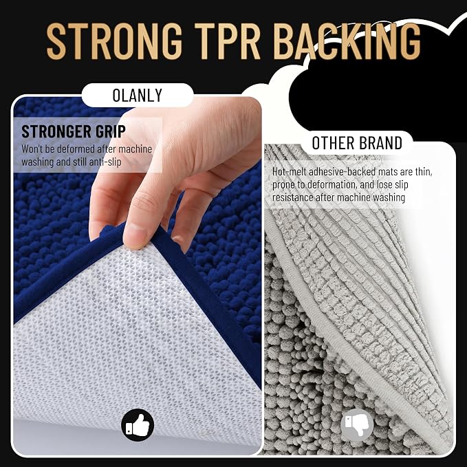 OLANLY Thick Bathroom Runner Rugs 47x24, Soft Chenille Long Bath Rugs, Navy | Absorbent Striped, Rubber Backing, Machine Wash, Bath Mats for Bathroom Floor, Tub and Shower, Home Decor Accessories