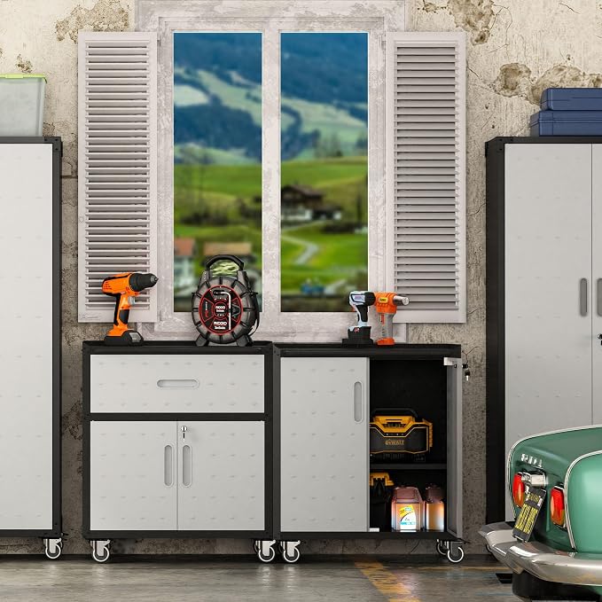 Garage Tool Cabinet Set,Heavy Duty Steel Rolling Tool Chest with Lockable Doors & Adjustable Shelves