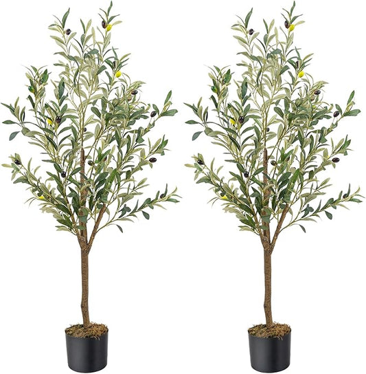 Artificial Fake Olive Tree 4FT 2Pack Faux Olive Tree for Home Decor | Faux Artificial Plants Indoor Fake Potted Plants with Natural Olive Branches and Realistic Leaves for Living Room Decor