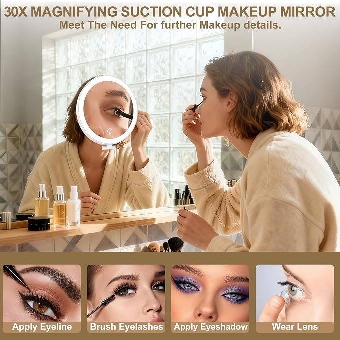 Mocado 30x Magnifying Mirror with Light, 6" Magnifying Mirror Suction Cup | 3 Colors Light, Dimmable Touch, 0-100% Brightness Adjustable, Stable Stand, 2000mAh Rechargeable, Handheld Mirror,(White)