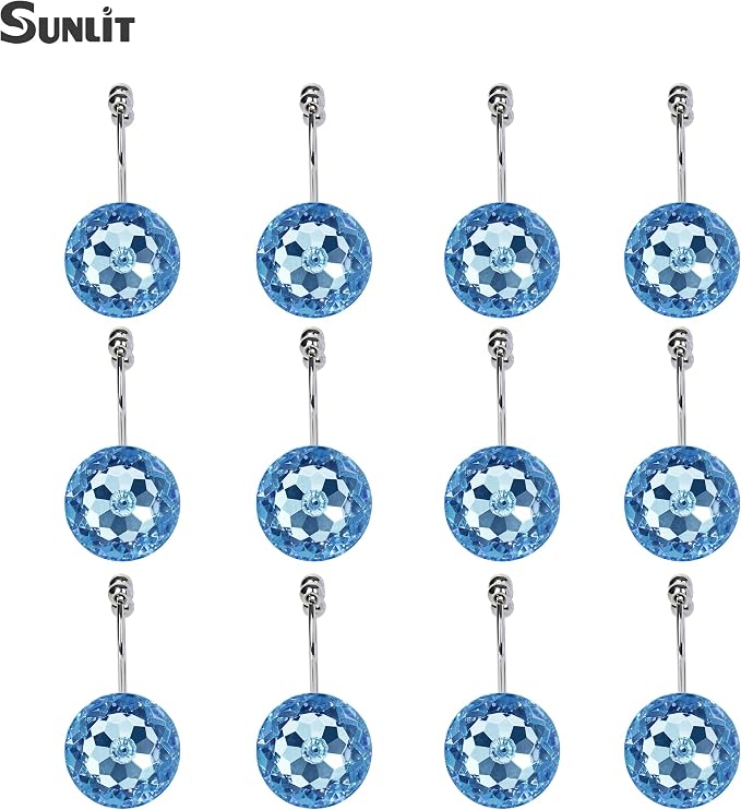 Sunlit Luxury Design Round Blue Diamond Crystal Gem Bling with Glide Balls Double Shower Curtain Hooks, Rust Proof Metal Rhinestones Glam Shower Curtain Rings-12 Pack