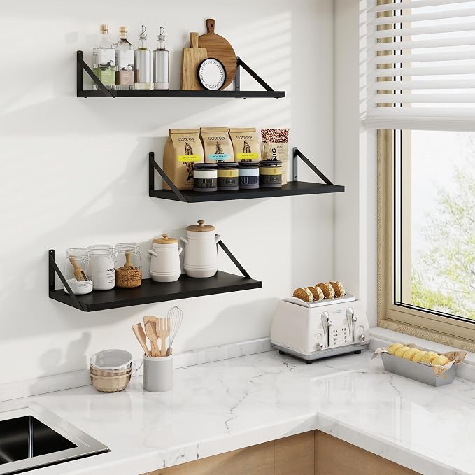 Deep Floating Shelves, 24'' x 10'' Black Wall Shelves Set of 2 | 10 Inch Deep Shelves with Heavy Duty Brackets, Rustic Wood Shelves for Bathroom Living Room, Engineered Wood, 40LBS