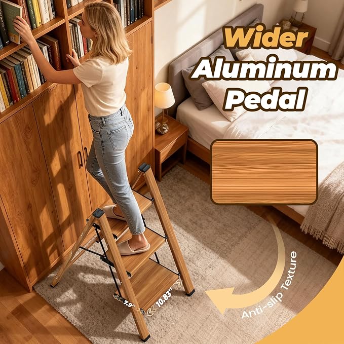 HBTower 3 Step Ladder, Lightweight Aluminum Folding Step Stool | Anti-Slip Wide Pedal, 330lbs Capacity Step Ladder for Household Kitchen Office, Woodgrain