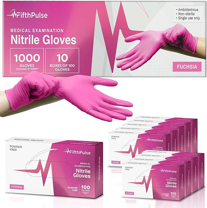 FifthPulse Fuchsia Hot Pink Nitrile Disposable Gloves -3 Mil Medical Exam Nitrile Gloves -Powder and Latex Free