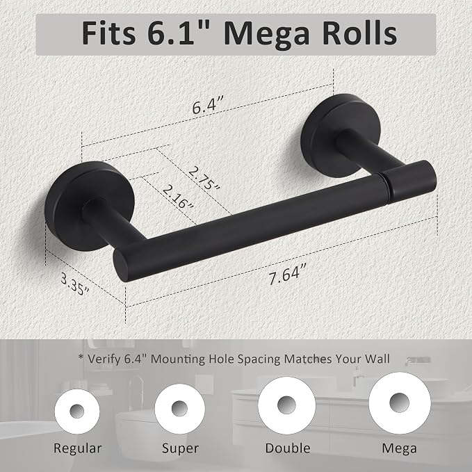 Toilet Paper Holder Matte Black Wall Mount Stainless Steel 304 Large Mega Roll