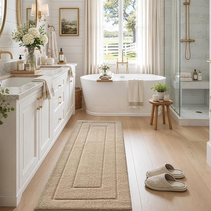 DEXI Bathroom Runner Rugs 72x24, Non-Slip and Absorbent Bath Mat, Beige | Machine Washable, Soft Plush Microfiber Bathmat with Rubber Back, Quick Dry Extra Long Rug for Shower, Tub, Sink