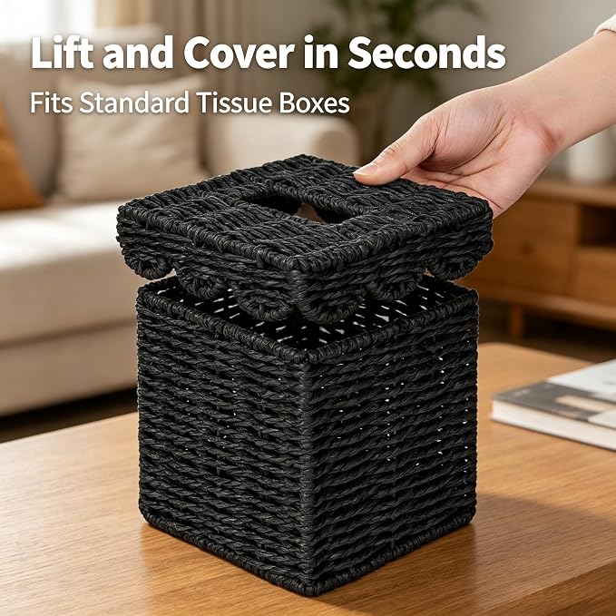 CubesLand Square Wicker Tissue Box Cover W/Scalloped Lid for Home Decor | Rustic Farmhouse Boho Facial Tissues Boxes Holder fits Bathroom Living Room Table Decor, Handwoven, Black