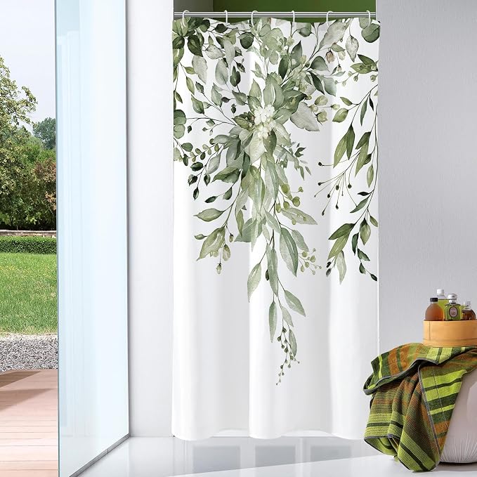 Olive Green Eucalyptus Shower Curtain, Floral Print, 36x72 | Watercolor Plant Leaves Floral Print, Small Stall Waterproof Fabric Bathroom Decor, Machine Washable, Rustproof Grommets