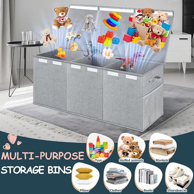 Extra Large Toy Box with Lids, Collapsible Storage Bin, 38"x16"x14",Gray | Sturdy Chest Basket with Dividers for Boys & Girls, Bedroom Nursery Playroom Organization