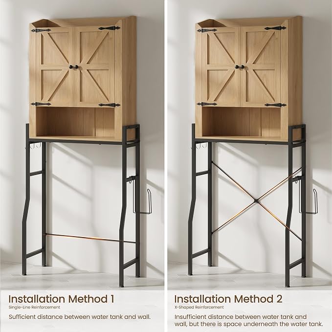 Over The Toilet Storage Cabinet with 2-Door & Metal Stand, Wood | Toilet Paper Holder, 3 Extra Hooks, Anti-Tipping Device, With Adjustable Shelves, for Bathroom, Restroom, Laundry