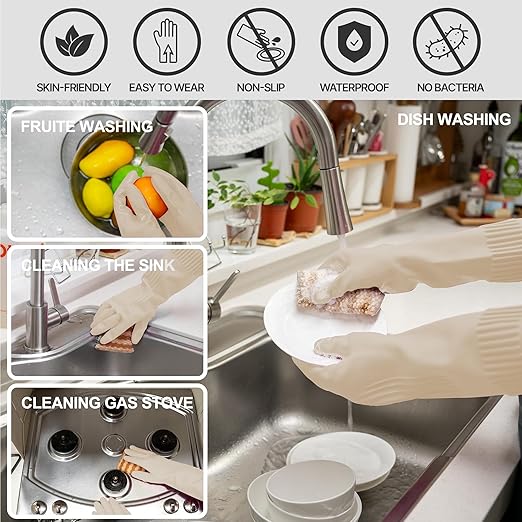 Rubber Dishwashing Gloves, Non-Slip Kitchen, Ivory Large, 3 Pairs | Korean natural latex, long cuff, thick and durable, textured non-slip grip, for dishwashing and kitchen cleaning