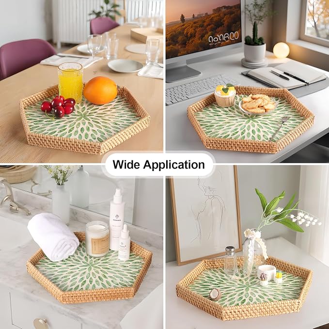 Hexagon Rattan Tray with Mother of Pearl Inlay, Rattan Serving Tray for Coffee, Bread, Fruits, Snacks, Decorative Wicker Tray for Table Decor, Home Decor (Green Leaves, 14.5"×12.8")