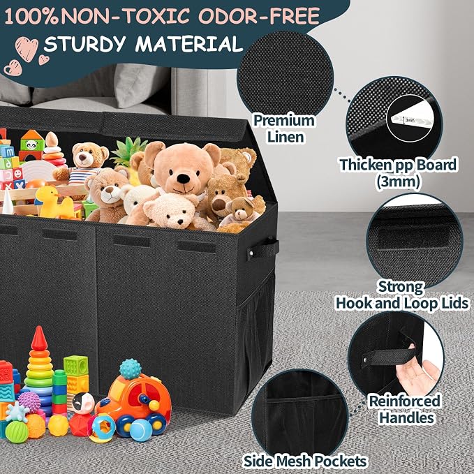 Extra Large Toy Box with Lids, Collapsible Storage Bin, 38"x16"x14",Black | Sturdy Chest Basket with Dividers for Boys & Girls, Bedroom Nursery Playroom Organization