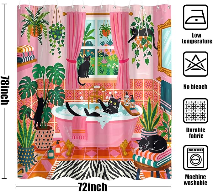 Accnicc Funny Cat Shower Curtain for Bathroom 72 X 78 Inches | Boho Cute Fun Black Cats Long Shower Curtains, Tropical Plant Pink Bathroom Decor, Water-Resistant Washable Polyester Fabric