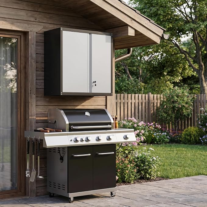 Steel Wall Cabinet, Heavy Duty Hanging Garage Storage Cabinet with Adjustable Shelf & Locking Doors, Wall Mounted Metal Garage Cabinet for Workshop, Utility Room, Shed, Black/Grey