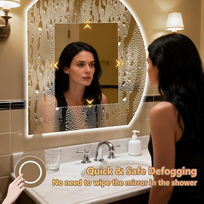 Niccy Half Moon LED Mirror for Bathroom, 40" Backlit + Front Lit Lighted Semi Round Makeup Mirrors for Wall, Anti-Fog, Dimmable 3-Colors, Memory Function, Shatterproof Smart Vanity Mirror