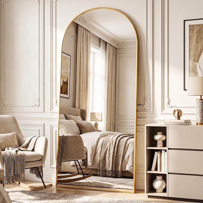 Full Length Mirror, 76" x 34" Arched Full Body Mirror Large Standing Floor Mirrors, Mirrors for Bedroom, Bathroom, Living Room Standing or Wall Leaning, Gold