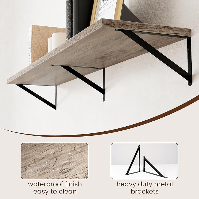 12 Inch Deep Floating Shelves for Wall - 55 Inch Wide x 12 Inch Deep Wall Shelves Set of 2 - Rustic Grey Wood Floating Shelves for Living Room
