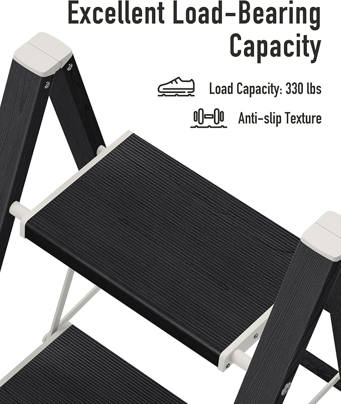 Mayi Plus 2 Step Stool Foldable, Aluminum, Lightweight Step Ladder | Extra-wide anti-slip folding steps with 330 lbs, for home,kitchen,office,outdoor,Ebony woodgrain