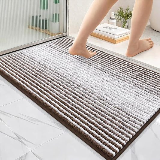 OLANLY Bathroom Rugs 36x24, Soft Chenille Striped Bath Rugs, Brown | Extra Absorbent, Rubber Backing, Machine Wash Dry, Bath Mats for Bathroom Floor, Tub and Shower, Home Decor Accessories