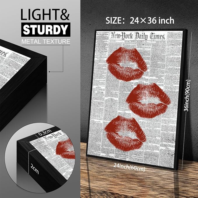 Black White Newspaper Canvas Wall Art Fashion Red Kiss Lips Aesthetic Poster 24X36 inch Black Framed Trendy Girly Sexy Canvas Prints for Bar Cart Makeup Room Wall Decor