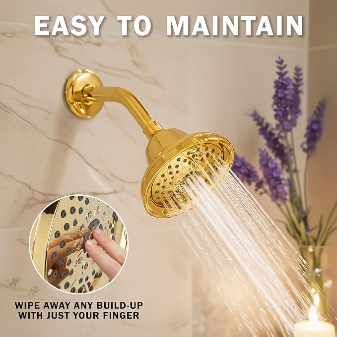 Massage Shower Head With Mist - 1.8 GPM - Polished Brass | High Pressure Boosting, 6 Function Adjustable Massaging Rainfall Showerhead For Low Flow Baths With Water Saving Nozzles