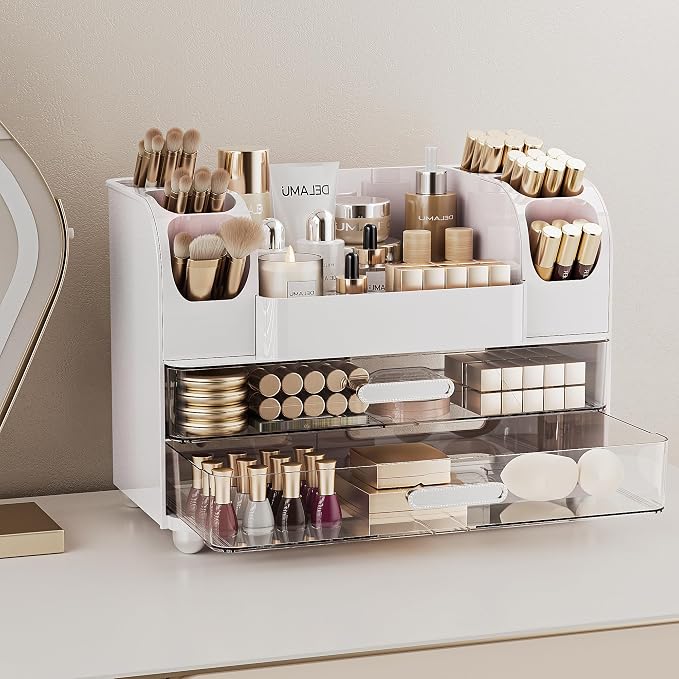 Delamu Large Makeup Organizer Countertop with 6 Brush Holders, White | Vanity Organizer with 2 Drawers, Gift for Women & Girls, Holds Perfume, Skincare, Lipstick, Nail Polish & Hair Accessories