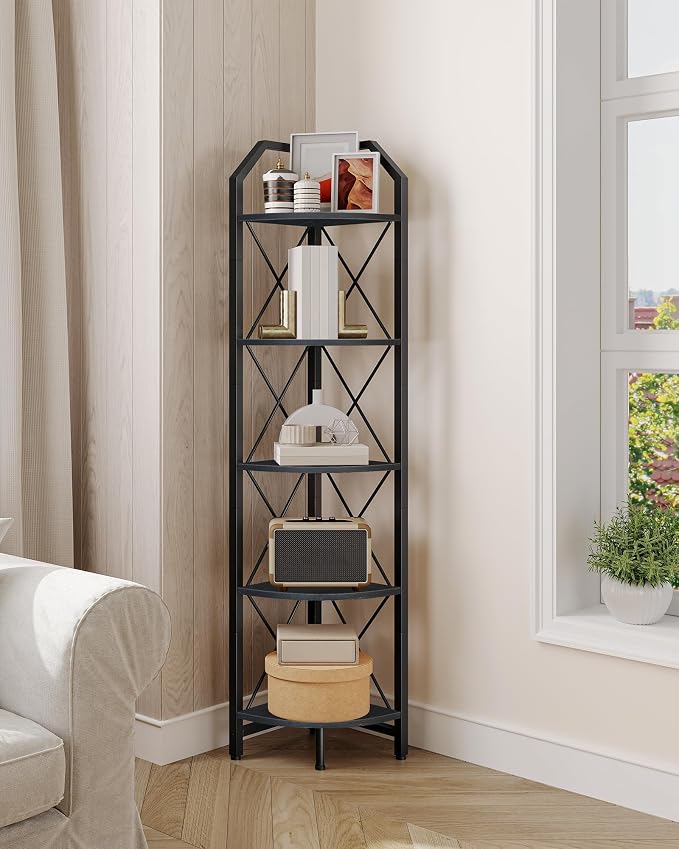 5-Tier Corner Shelf, Industrial Corner Bookshelf, 59.4" Corner Storage Stand, Plant Stand Display Shelf, Corner Bookcase for Bedroom, Living Room, Home Office, Black TCJ10BB