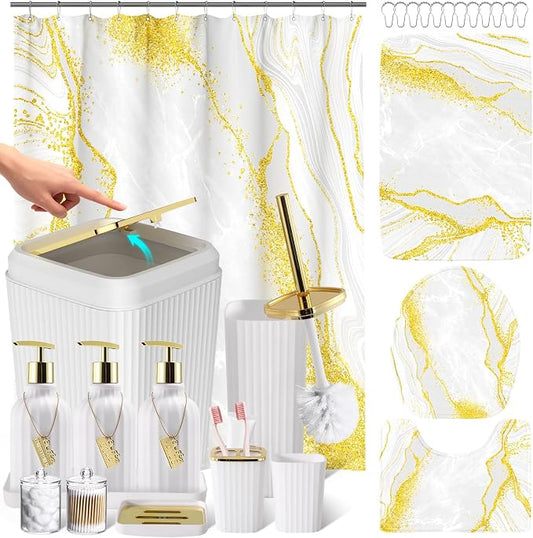 21PCS Bathroom Sets with Shower Curtain and Rugs Bathroom Accessories Set White Bathroom Set Complete with Trash Can, Toilet Brush, Qtip Holder & 3PCS Soap Dispenser