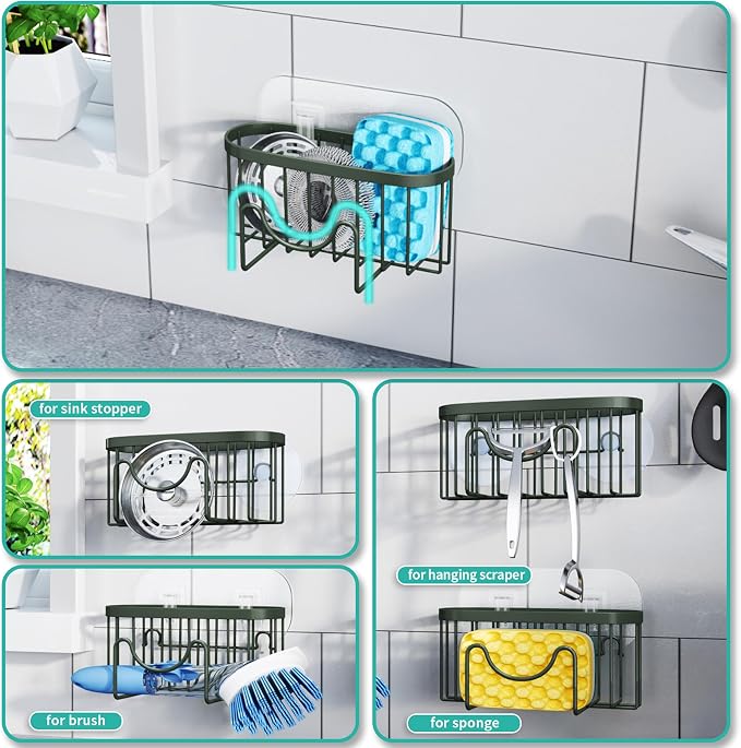 HapiRm Sponge Holder for Kitchen Sink - Sink Caddy with Unique M-Shaped, 2 Installation Methods Kitchen Organizer, Rustproof Stainless Steel Sponge Caddy - Green