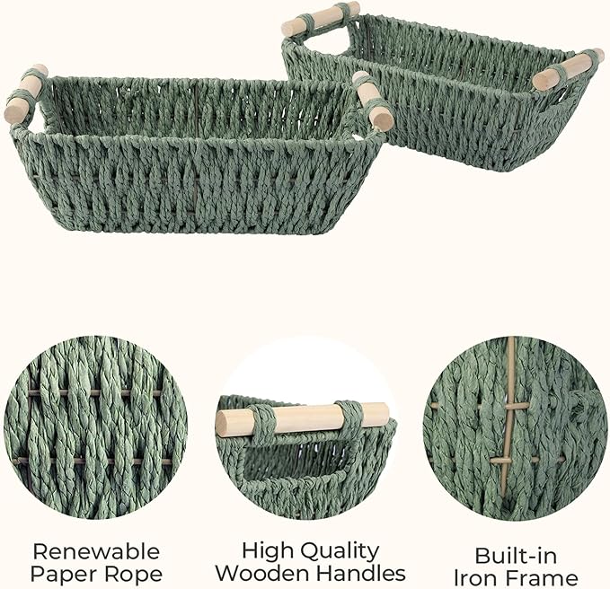 Storageworks Small Storage Basket, Woven Basket For Shelves, Bosana Green | Wicker Storage Baskets For Shelves, Baskets With Wooden Handles, 2-Pack Gifts Basket For Home Decor, Hand-Woven Basket