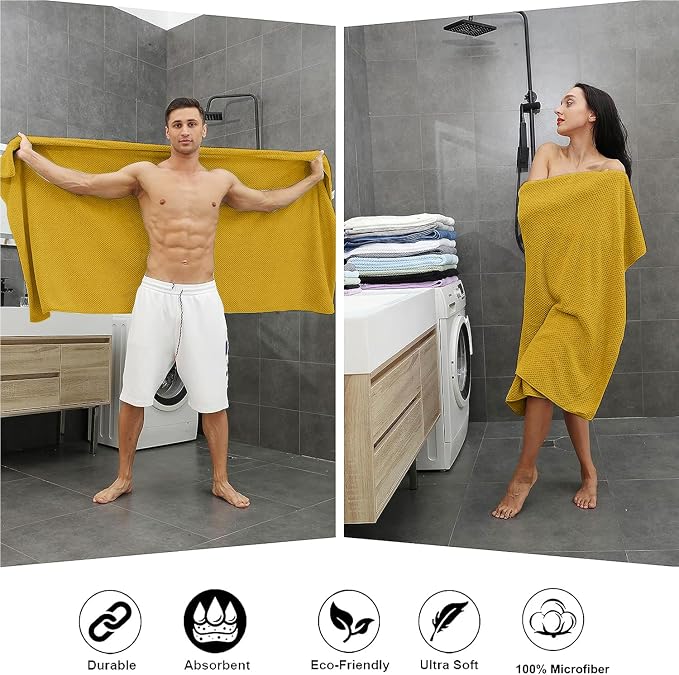 8-Piece Bath Towel Set, 2 Extra Large Bath Towel Sheets, 2 Hand Towels and 4 Washcloths - Highly Absorbent Quick Dry Microfiber,Ultra Soft Towel Set for Bathroom Waffle Weave, Pack of 8 (Sweet Yellow)