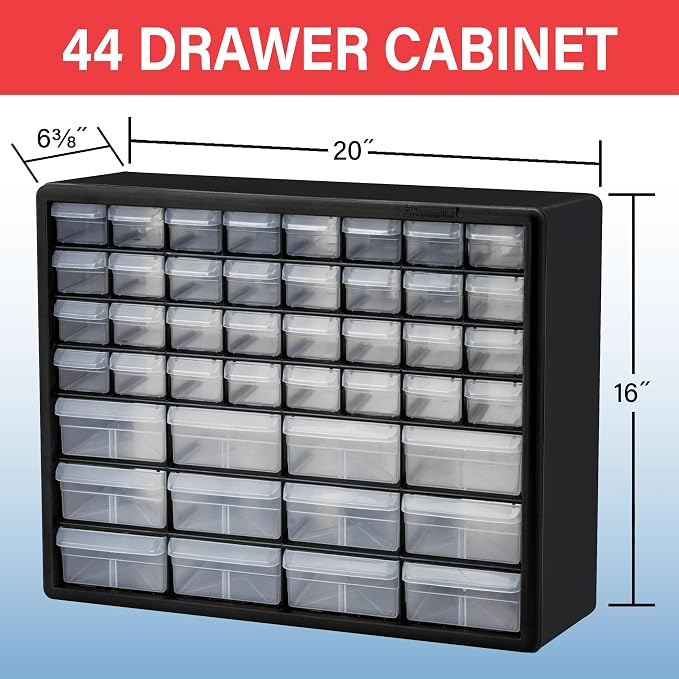 Akro-Mils 44-Drawer Plastic Storage Cabinet, 20"W x 6"D x 16"H, Yellow | Plastic Cabinet w/ Drawers for Garage Organization, Beads, Building Bricks Storage, Teacher Toolbox, Makeup Organizer, 10144