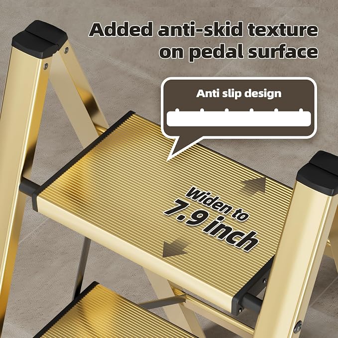 HillhutApex Aluminum Step Stool Foldable,3 Step Ladder (Gold) | Lightweight Portable step ladder with Anti-Slip Wide Pedal,330lbs Capacity Ladder for Household,Office,Kitchen