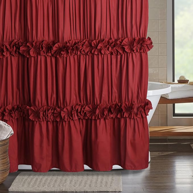 Burgundy Ruffle Shower Curtain, Vintage Handcrafted Bow Tie Bath Curtain for Master Bathroom, Ruched Microfiber Bathroom Curtain with 12 Buttonholes, 72" W x 72" H (LQ-10)