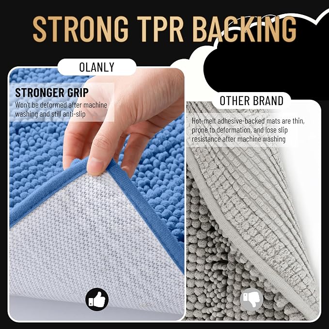 OLANLY Thick Bathroom Rugs 30x20, Soft Chenille Bath Rugs, Cornflower Blue | Rubber Backing, Machine Wash, Extra Absorbent Striped Bath Mats for Bathroom Floor, Tub and Shower, Home Decor Accessories
