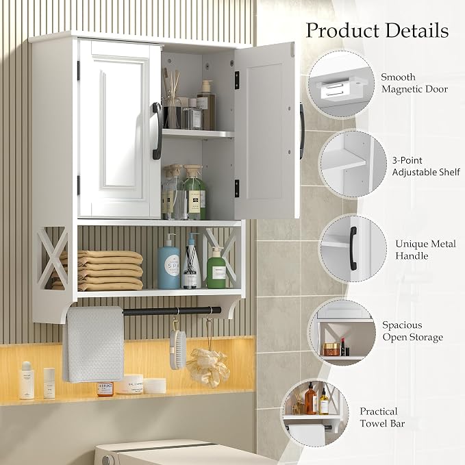 20" x 25" Bathroom Wall Cabinet with Towel Bar, White Painted Wall Mounted Storage Cabinet with Adjustable Shelf, Over The Toilet Medicine Cabinet, Wood Wall Cabinet for Bathroom Laundry Room
