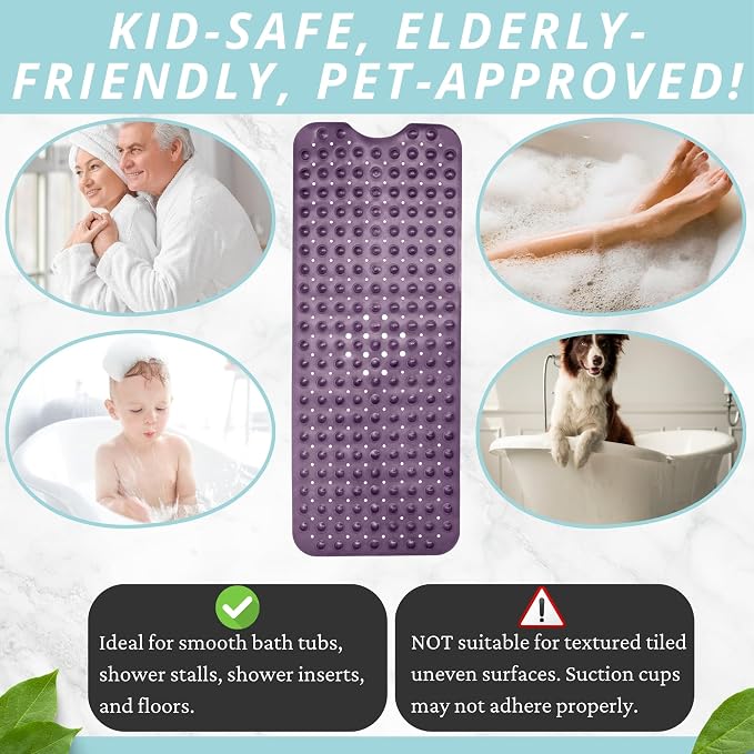 ENKOSI Non-Slip Bath & Shower Mat 40x16 Extra Long, Suction & Drain Holes | Purple color; Durable PVC; 40x16 in, Purple