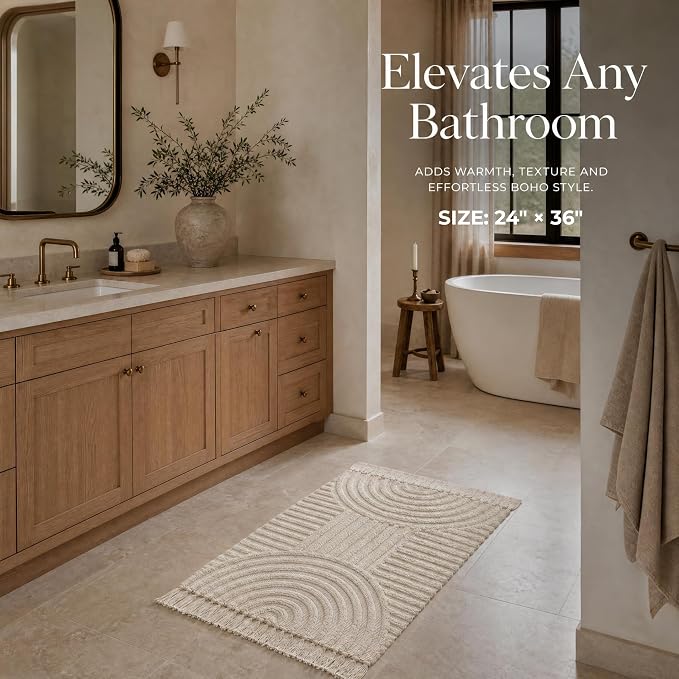 KIBAGA Beautiful Boho Rug with Tassels for Your Bathroom - Soft 2 x 3 ft. Cotton Rug Fits Perfectly Into Your Bath - Washable, Non-Slip Mat Ideal to Enhance Any Modern Home Decor, 24 x 36 inch