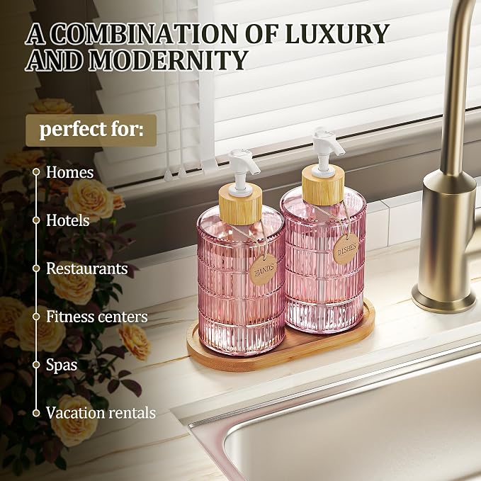 MASADI Soap Dispenser Set with Bamboo Tray, Dish and Hand Soap Lotion Dispenser Set with Wooden Pump for Kitchen and Bathroom Decor for Counter, Modern Vintage Liquid Soap Dispensers (Pink&Bamboo)