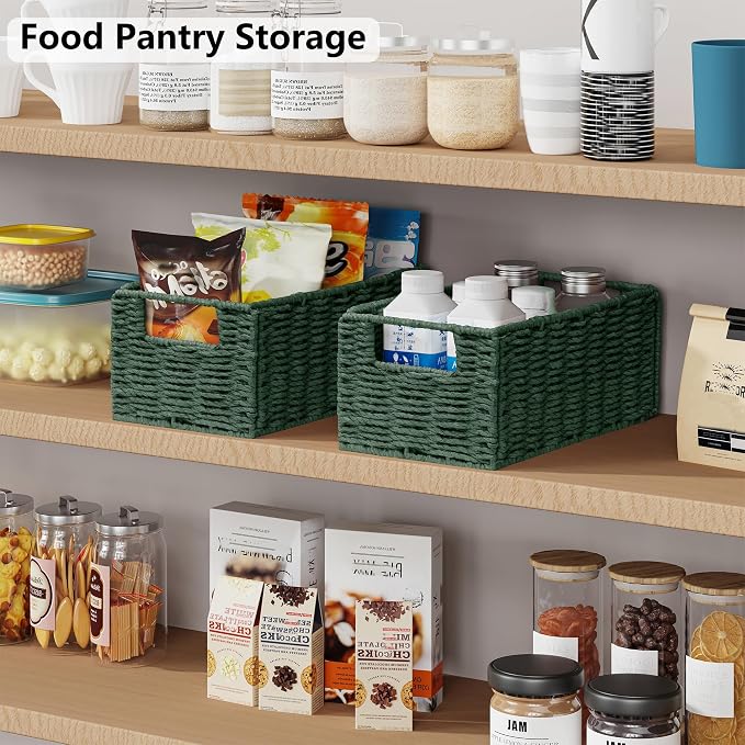 Wicker Storage Basket, Set of 2 Hand-Woven Paper Rope Wicker Basket, Small Storage Baskets for Organizing Toilet Paper, Foldable Small Cube Organizer Bins for Shelves and Bathroom (Green)