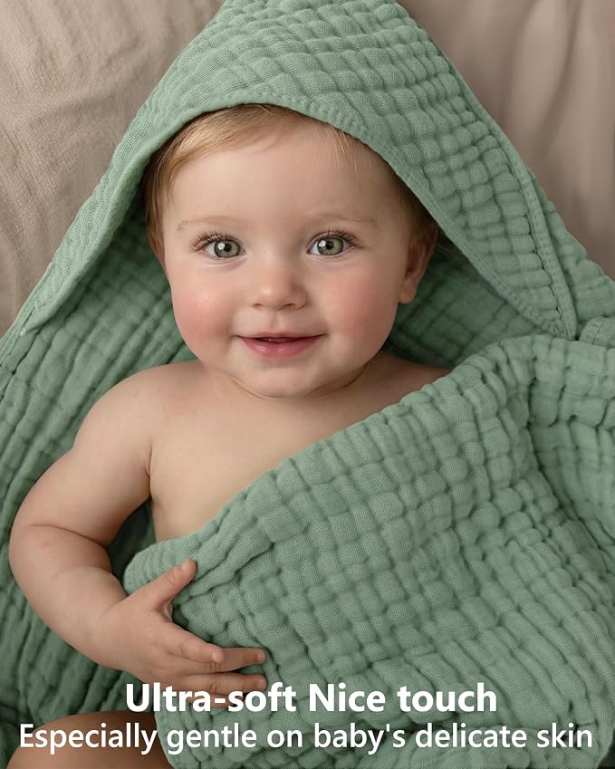 Baby Bath Towels, 100% Muslin Cotton Hooded Baby Towels for Newborn, 2 Pack Baby Towels with Hood for Infant Toddler and Kids, Large 32x32Inch Unisex Bath Essentials, Soft and Absorbent