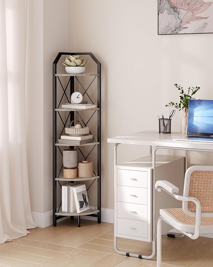 5-Tier Corner Shelf, Industrial Corner Bookshelf, 59.4" Corner Storage Stand, Plant Stand Display Shelf, Corner Bookcase for Bedroom, Living Room, Home Office, Greige and Black TCJ10BG