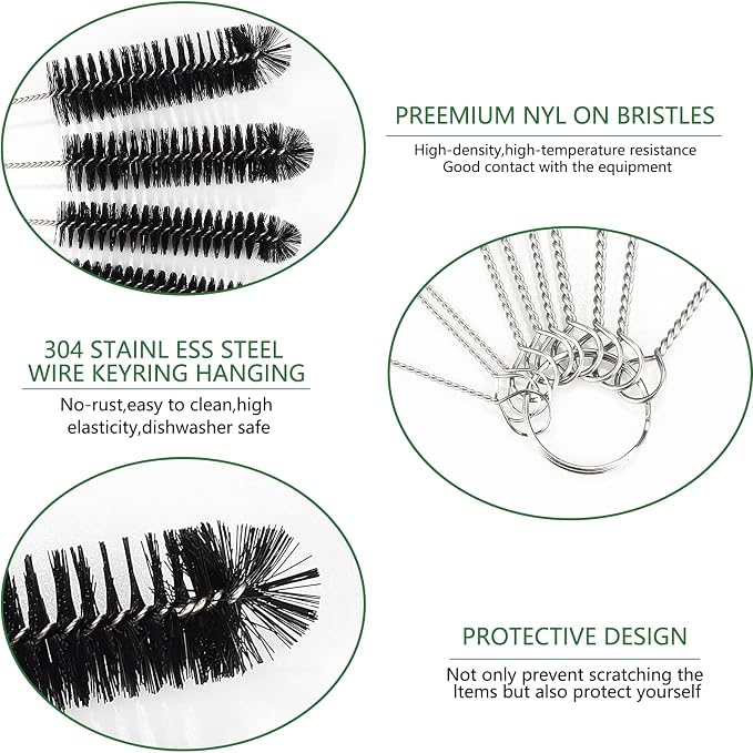 CiaraQ Bottle Cleaning Brushes, 8 Inch Nylon Tube Brush Set | Black Cleaner for Narrow Neck Bottles Cups with Hook, Set of 13pcs
