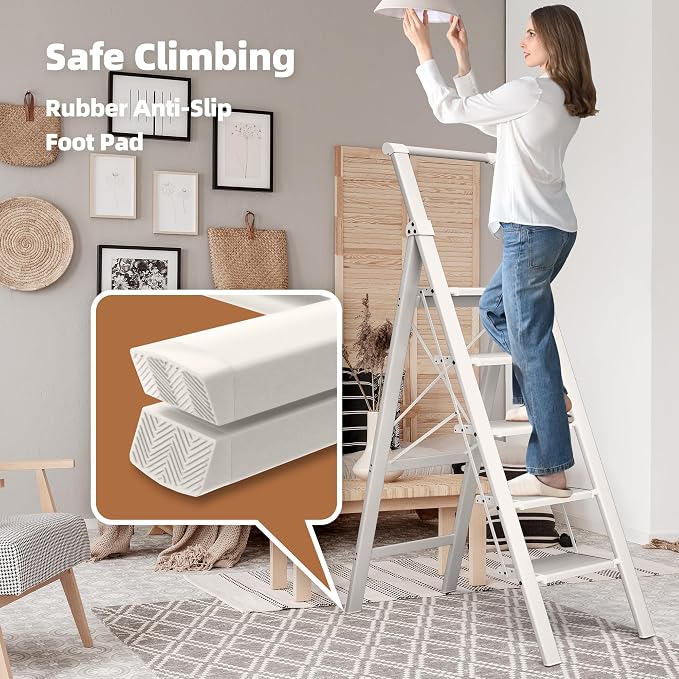 HillhutApex Aluminum 5 Step Ladder, Step Stool Foldable Ladder(White) | Stepladder with Handgrip,Anti-Slip Pedals,330lbs Capacity,Lightweight Folding Ladder for Home,Office,Libaray