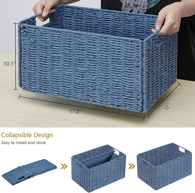 Wicker Storage Basket, Set of 2 Hand-Woven Paper Rope Wicker Basket, Large Storage Baskets for Organizing Toilet Paper, Foldable Cube Storage Organizer Bins for Shelves (Blue)